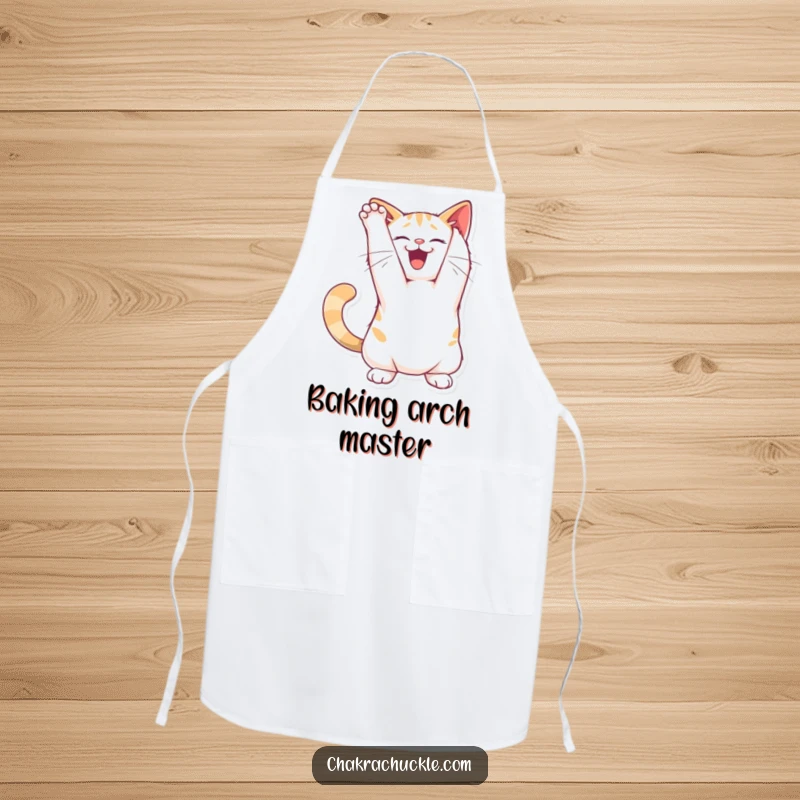 Funny joyful cat apron character stretching its back in a playful arch pose, practical kitchen humor.