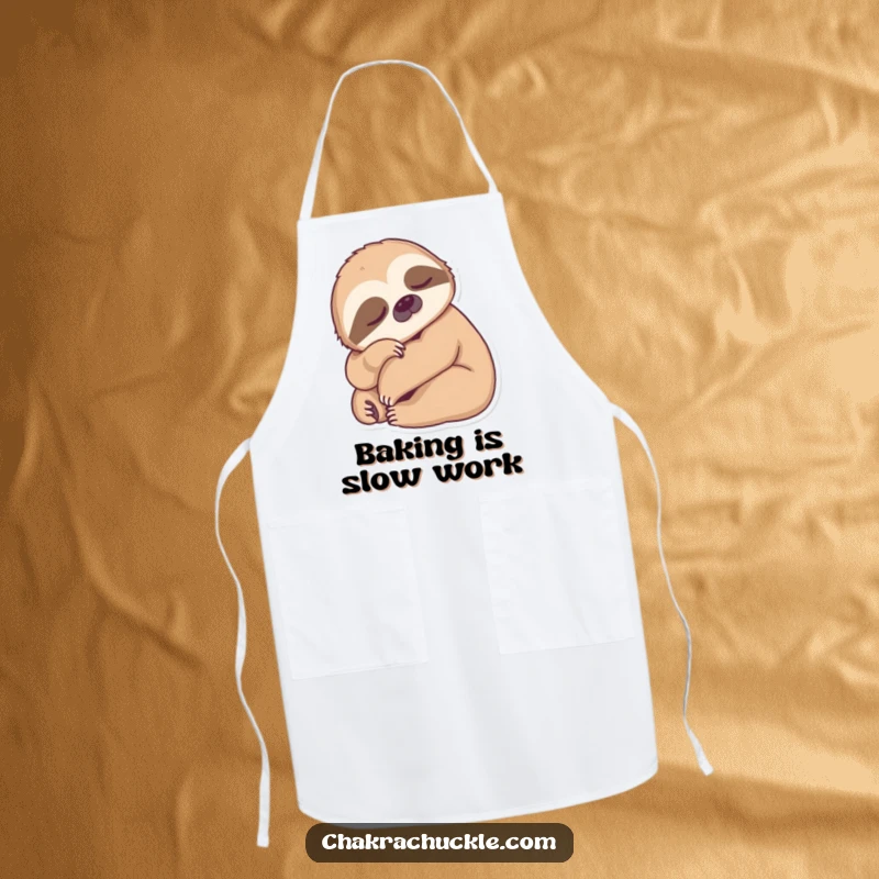 Funny Sloth Chef Apron depicting a sleepy sloth in a forward fold pose, ideal for adding humor to cooking sessions.