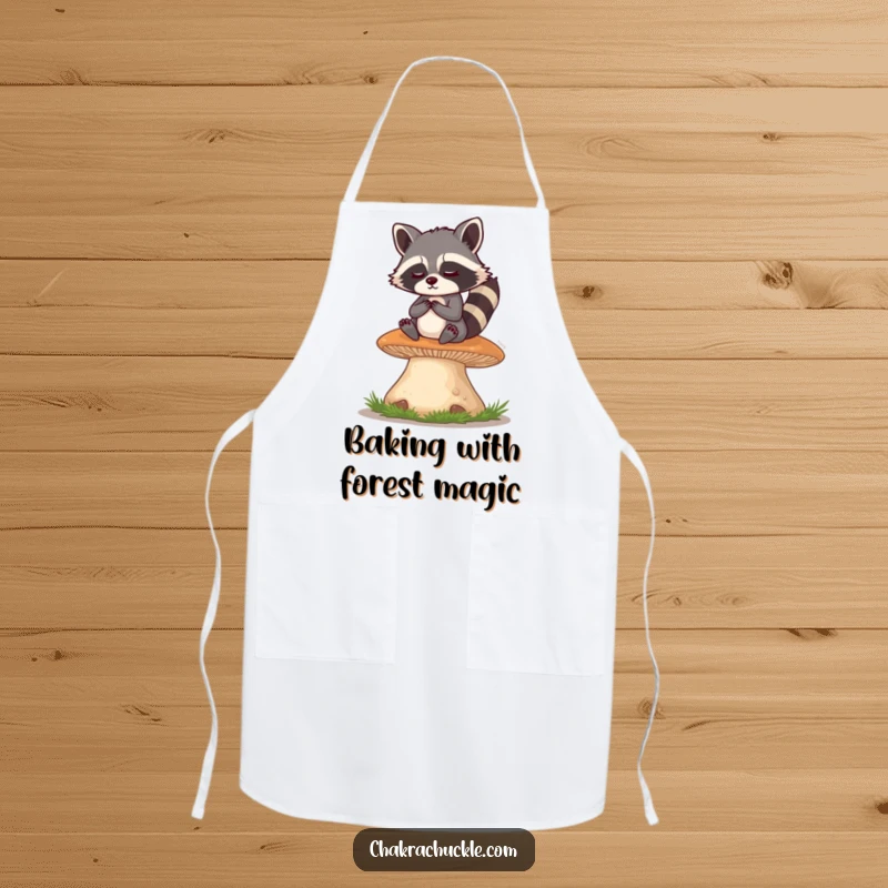 Funny Raccoon Apron: A mischievous raccoon meditates serenely on a giant mushroom, eyes twinkling with playful wisdom and a hint of mischief.