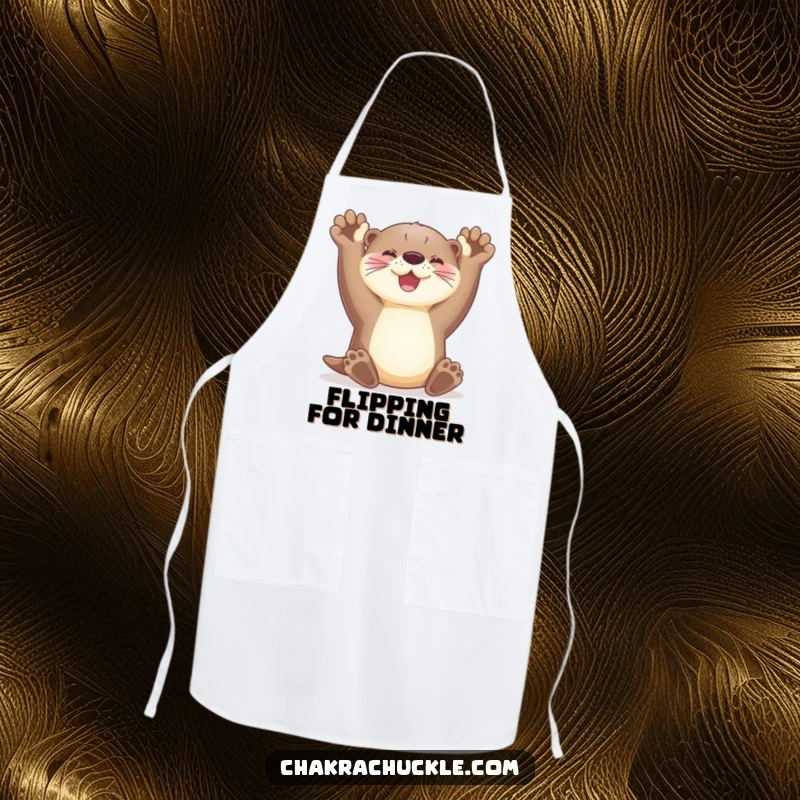 Funny otter apron stretching its paws upwards with a radiant smile, making kitchen tasks playful and humorous.