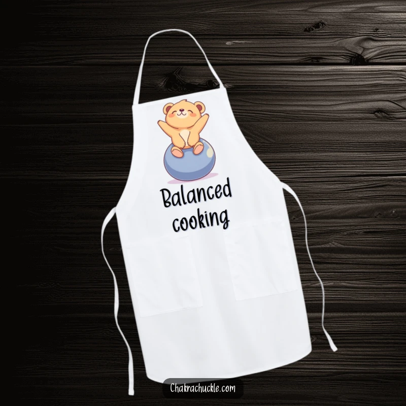 Funny tiny bear cub apron with a cub blissfully balancing on a yoga ball, looking peacefully upwards.