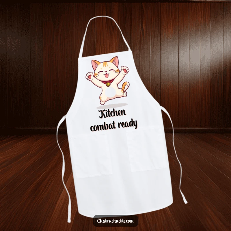 Funny Cat Chef Apron depicting a jumping cat in a warrior pose with paws high, adding humor to kitchen activities.