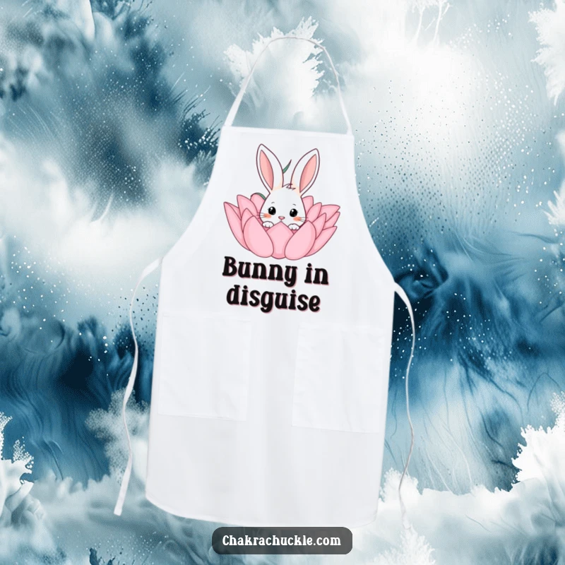Funny kitchen apron with a curious rabbit peeking from a beautiful lotus flower, ideal for cooking and baking.