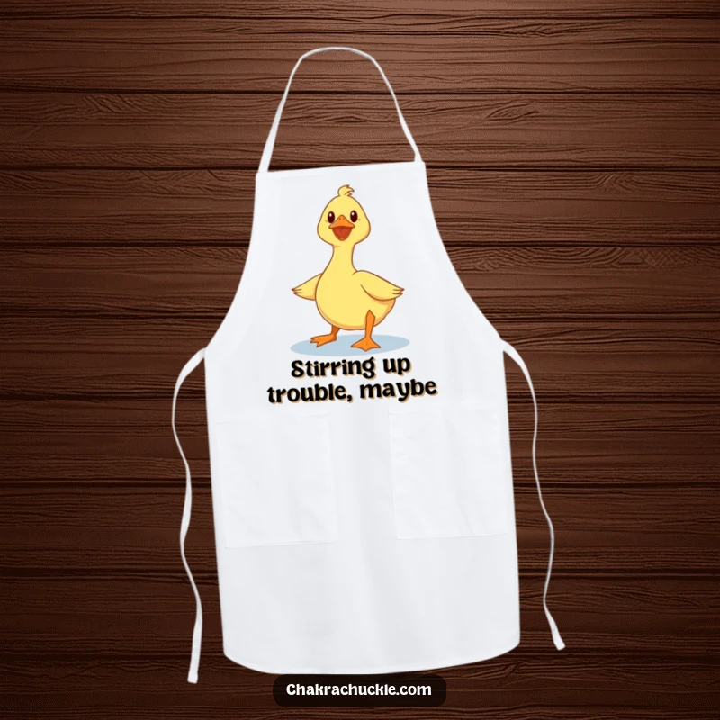 Funny duck apron showing a wobbly duck attempting a lotus yoga pose while cooking, designed for kitchen humor.