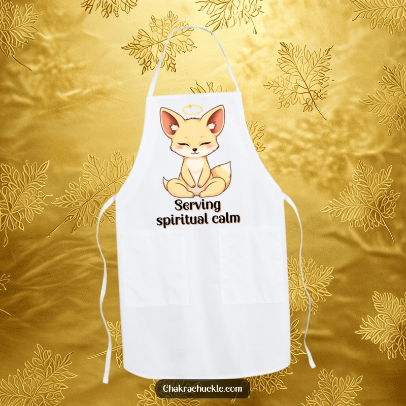 Funny Fennec Fox wearing a yoga lotus pose apron, eyes closed, halo, while cooking.
