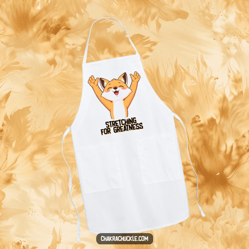 Funny Fox Chef Apron depicting a happy fox stretching its arms, perfect for adding humor to kitchen activities.