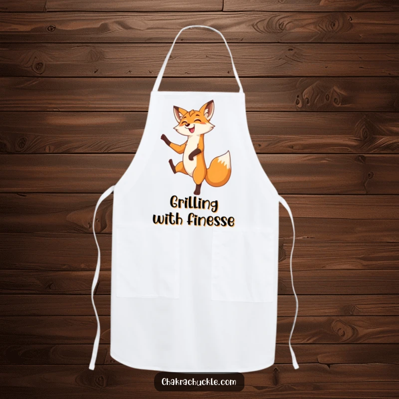 Funny Fox Apron: A grinning fox gracefully balances in a tree pose, one leg lifted with playful poise and a sly smile.