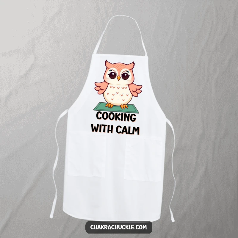 Funny apron depicting a giggling owl in a meditative state, floating above a yoga mat, perfect for kitchen fun.