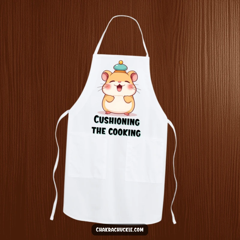 Funny apron with a giggling hamster balancing a tiny meditation cushion on its head, bringing humorous balance to cooking.