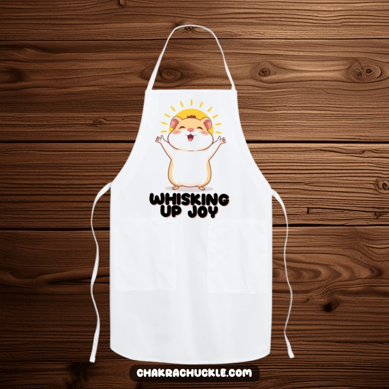 Funny Hamster Apron: A giggly hamster joyfully performs a sun salutation, arms waving with boundless, cheerful energy and a bright smile.