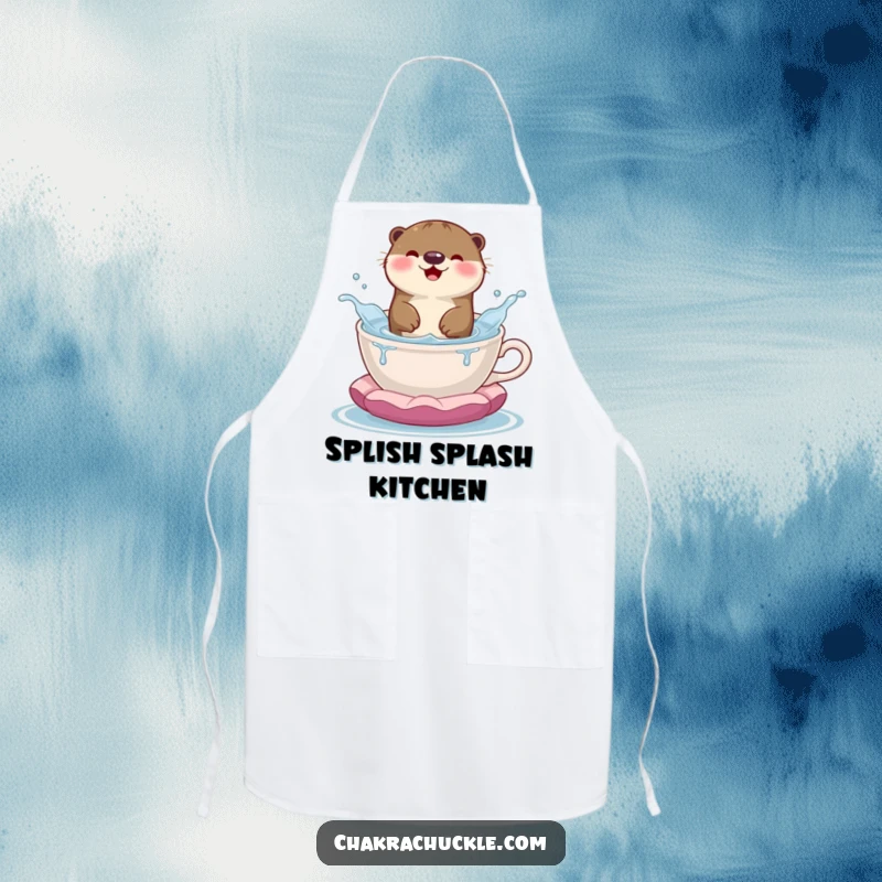 Funny apron showcasing a happy otter playfully splashing in a teacup-shaped meditation cushion, ideal for kitchen fun.