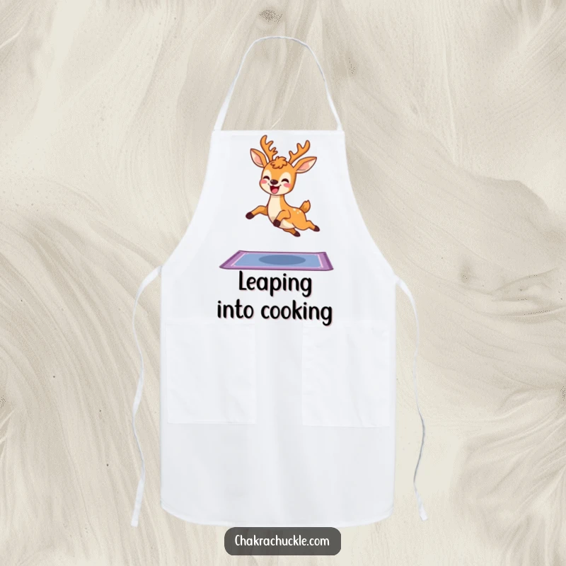 Funny Kawaii Deer Yoga Apron, a cute deer leaping joyfully over a yoga mat, perfect for kitchen fun and as a humorous gift.