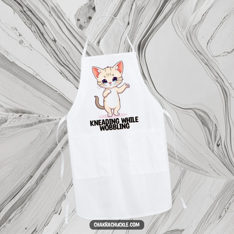 Funny Kitten Yoga Apron showing a wobbly cat in Tree Pose, ideal for kitchen activities.