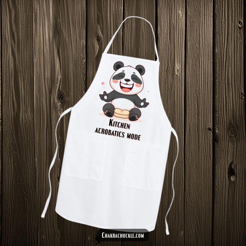 Funny Panda juggling meditation cushions with a wide, silly grin on a kitchen apron.