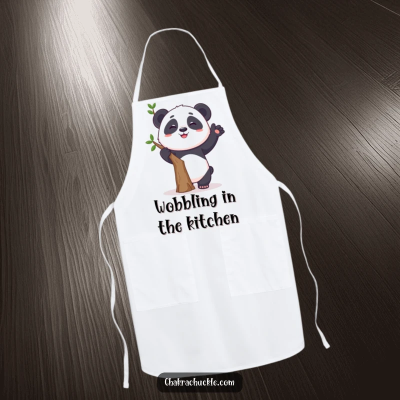 Funny apron depicting a curious panda humorously attempting a tree pose, wobbling with a grin, perfect for kitchen adventures.
