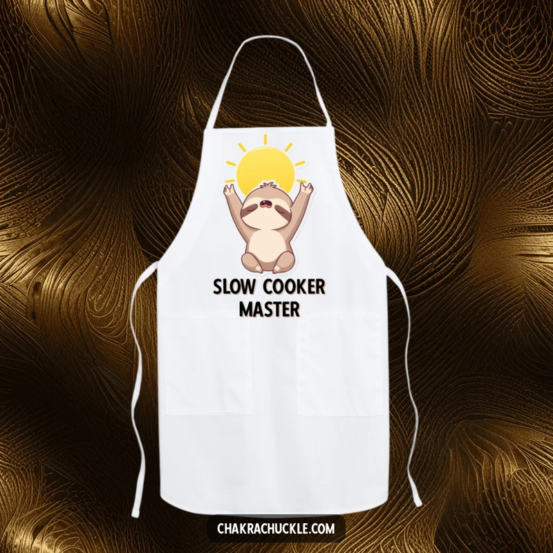 Funny apron showcasing a sleepy sloth doing a sun salutation, reaching for the sky, perfect for a relaxed cooking experience.