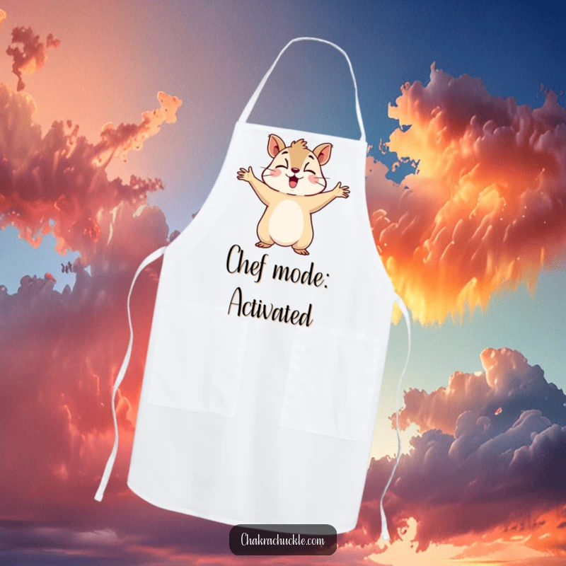 Funny apron featuring a determined squirrel holding arms out, taking a deep breath, perfect for humorous kitchen endeavors.