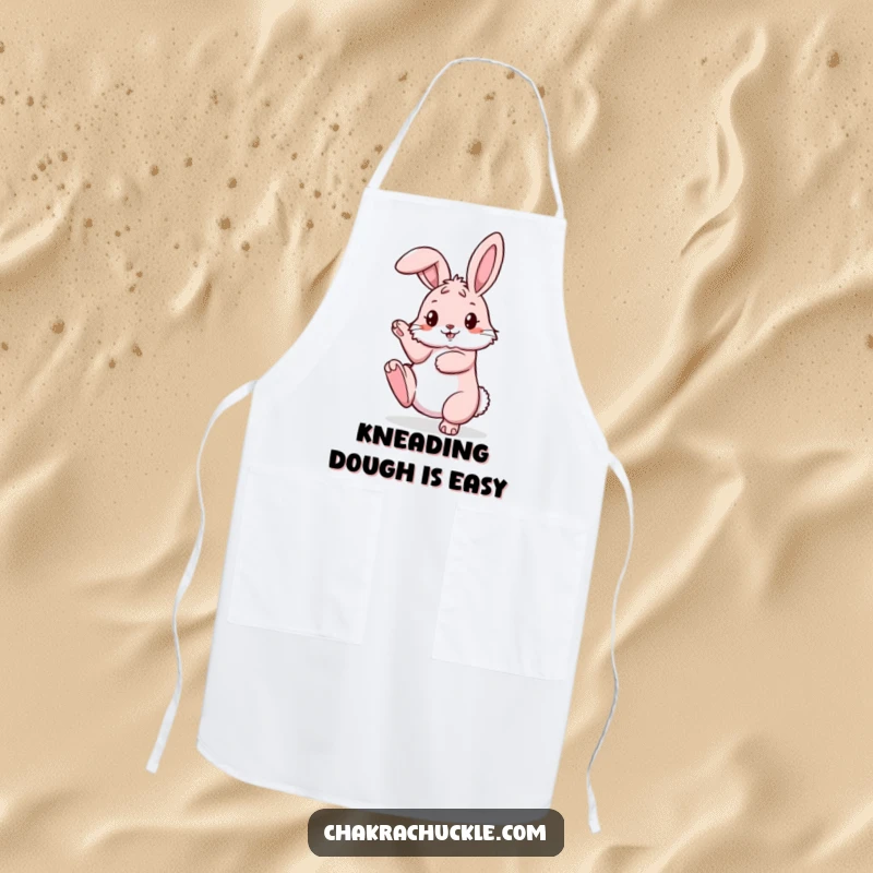 Funny pink bunny apron, executing a pretzel pose with one leg high, adding playful charm to cooking.