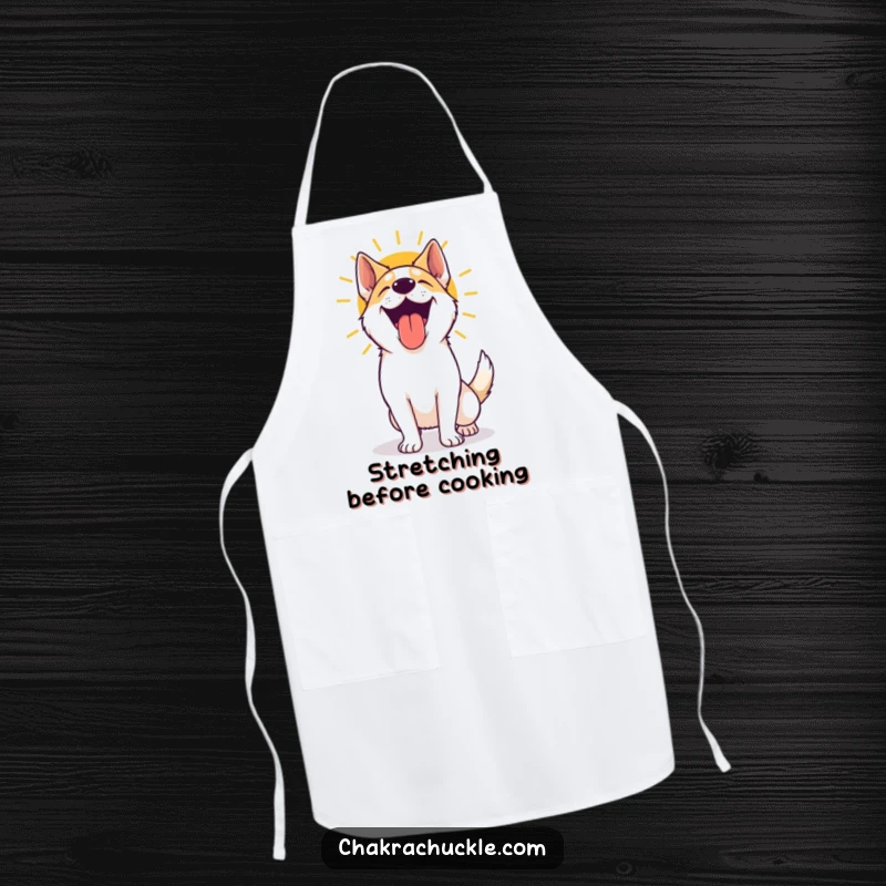 Funny yoga dog apron depicting an excited, panting dog celebrating a sun salutation, adding a playful touch to cooking or baking.