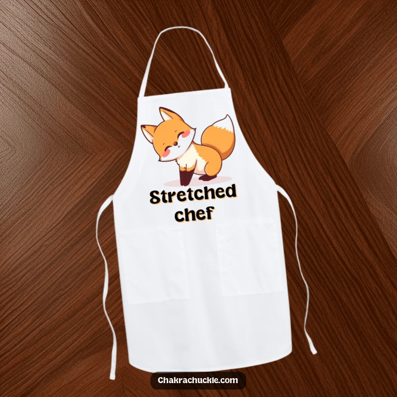 Funny kitchen apron with a playful fox stretching in a downward-facing dog pose, tail wagging, bringing energy.