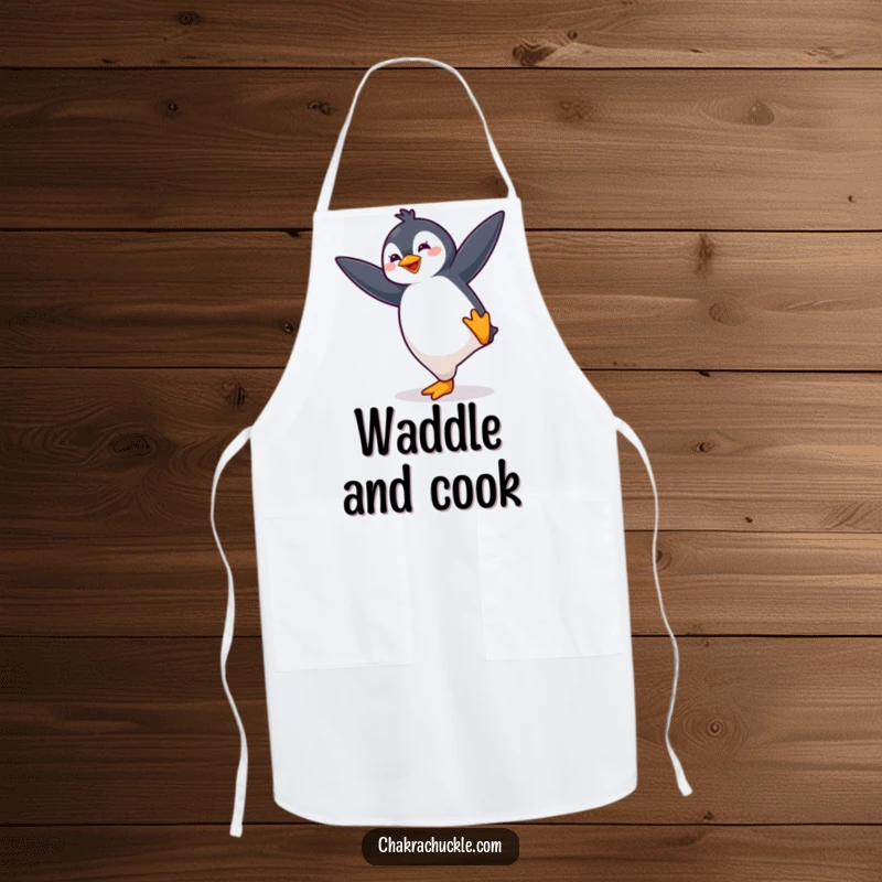 Funny kawaii penguin apron with a cute, bouncing penguin energetically striking a yoga balance pose, perfect for a humorous cook.