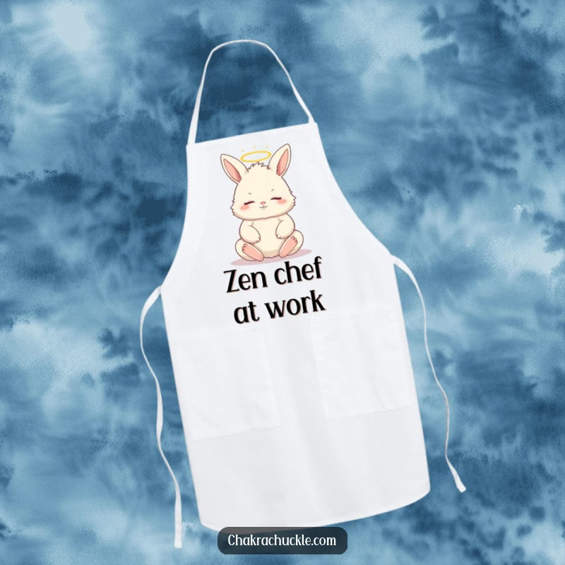 Funny kitchen apron with a fluffy bunny in a meditative lotus pose, eyes closed, and a small halo, exuding calm.
