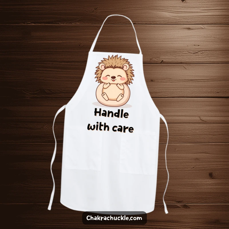 Funny apron with a happy hedgehog meditating, rolled into a ball, bringing humorous zen to any kitchen.