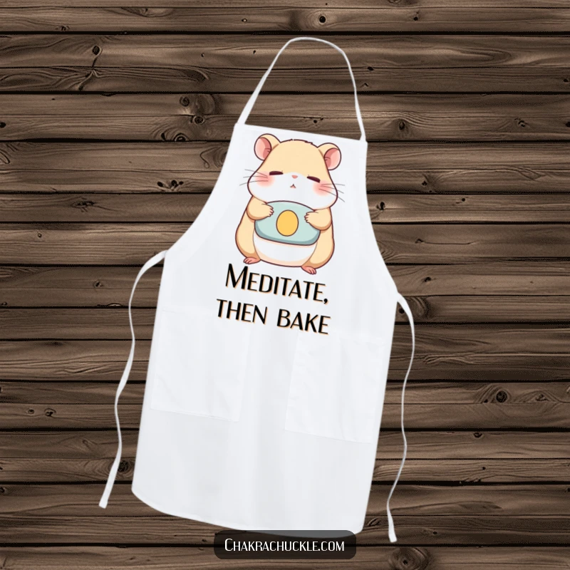 Funny Apron featuring a determined hamster meditating on a cushion, eyes closed, bringing humorous zen to the kitchen.