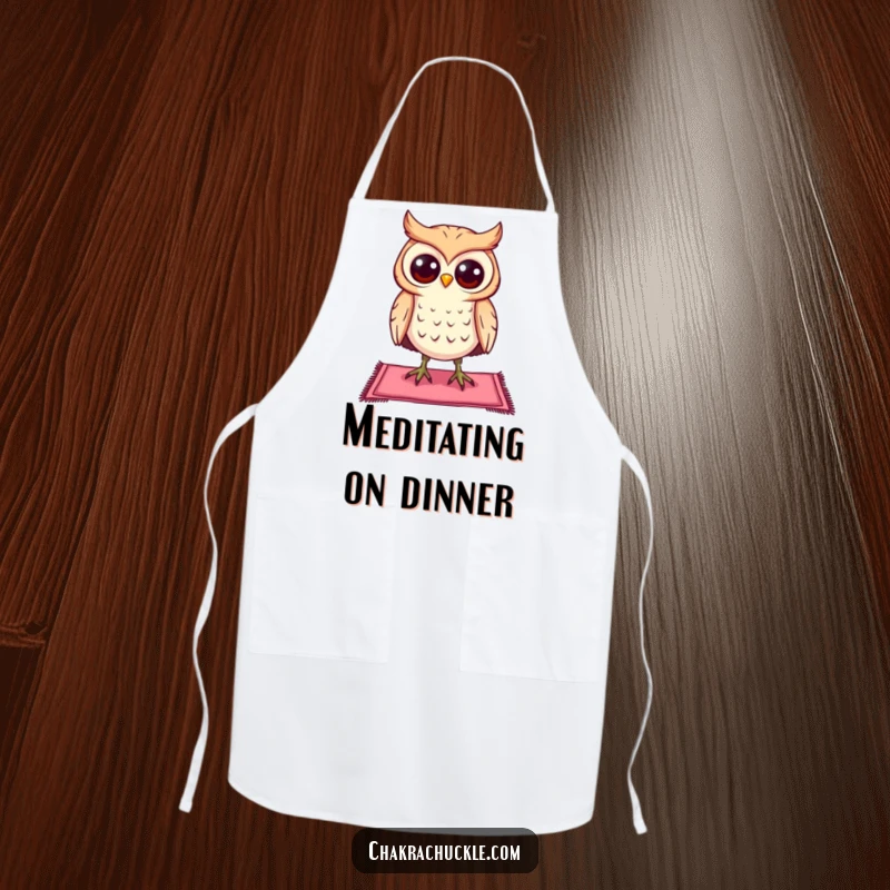 Funny curious owl apron character balancing on a tiny yoga mat, eyes wide open, practical kitchen humor.