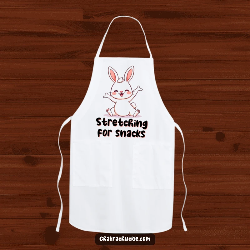 Funny Kawaii Bunny Yoga Apron, a cute bunny in downward dog pose, perfect for kitchen fun and as a humorous gift.