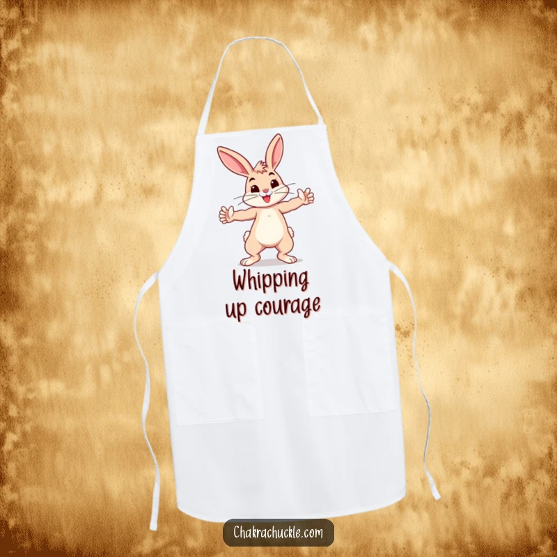 Funny bouncing bunny practicing a playful warrior pose, arms outstretched, on a kitchen apron.