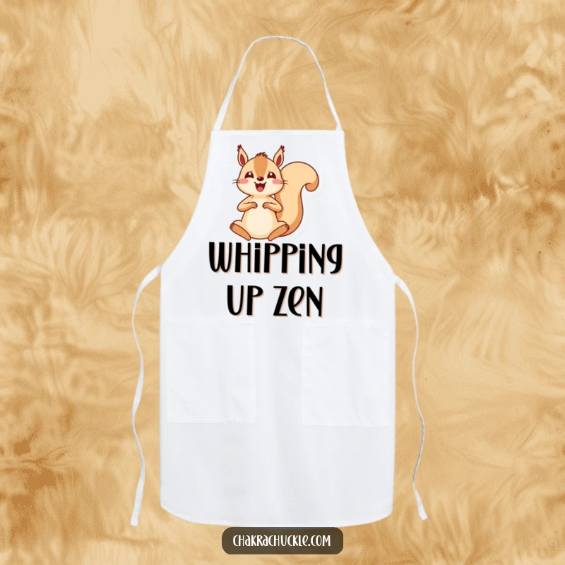 Funny kawaii squirrel meditation apron, an energetic squirrel jumping into a seated pose, ideal for mindful cooking.