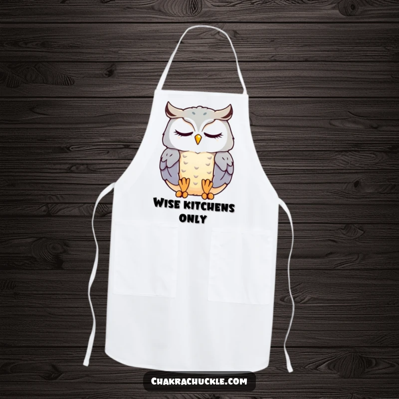 Funny kawaii owl apron with a contented owl meditating peacefully with closed eyes, adding zen humor to cooking.