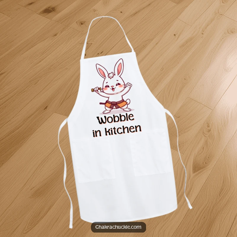 Funny kawaii rabbit apron with an amused bunny attempting a hilariously wobbly warrior pose, perfect for a humorous cook.