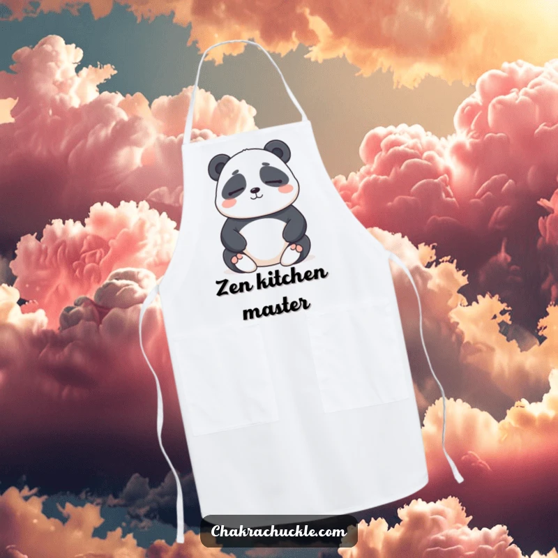 Funny apron featuring a chubby panda meditating with eyes closed and a gentle smile, perfect for a humorous and calm cooking experience.