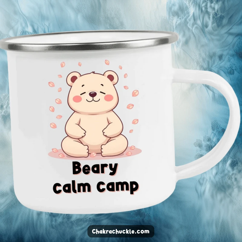 Funny bear camping mug, character meditating, petals falling, outdoorsy and humorous, giftable.