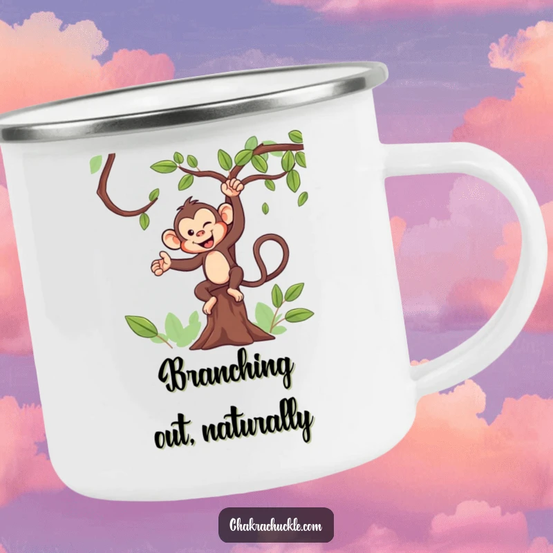 Funny Monkey Yoga Camping Mug: A mischievous monkey winks, balancing in a tree pose, perfect for your next adventure.
