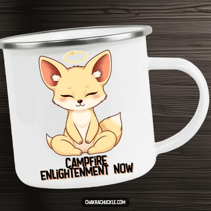 Funny Fennec Fox in a yoga lotus pose, eyes closed, halo, on a rugged camping mug.