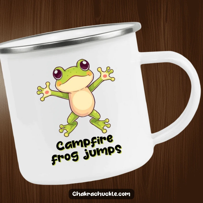 Funny camping mug with a frog mid-leap, arms wide, perfect for enjoying nature and a humorous start to the day.