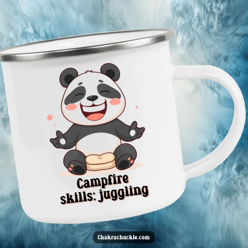Funny Panda juggling meditation cushions with a wide, silly grin on a rugged camping mug.