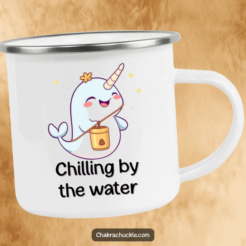 Funny narwhal camping mug joyfully blowing a meditation chime, for humorous outdoor serenity.