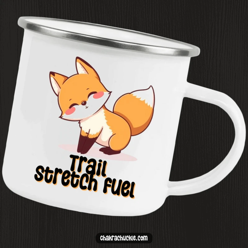 Funny, durable camping mug with a playful fox stretching in a downward-facing dog pose, tail wagging, for active adventures.