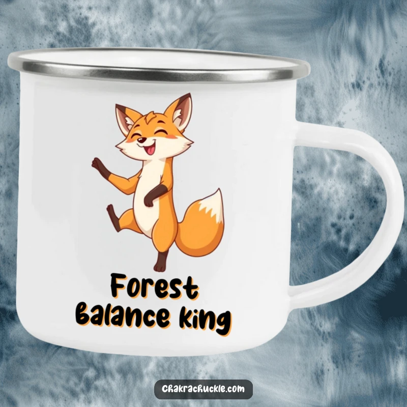 Funny Fox Camping Mug: A grinning fox gracefully balances in a tree pose, one leg lifted with playful poise and a sly smile.