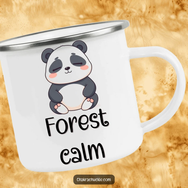 Funny camping mug with a chubby panda meditating with eyes closed and a gentle smile, ready for humorous outdoor relaxation.