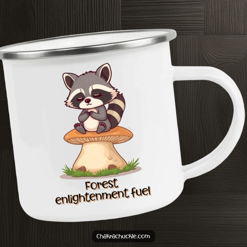 Funny Raccoon Camping Mug: A mischievous raccoon meditates serenely on a giant mushroom, eyes twinkling with playful wisdom and a hint of mischief.