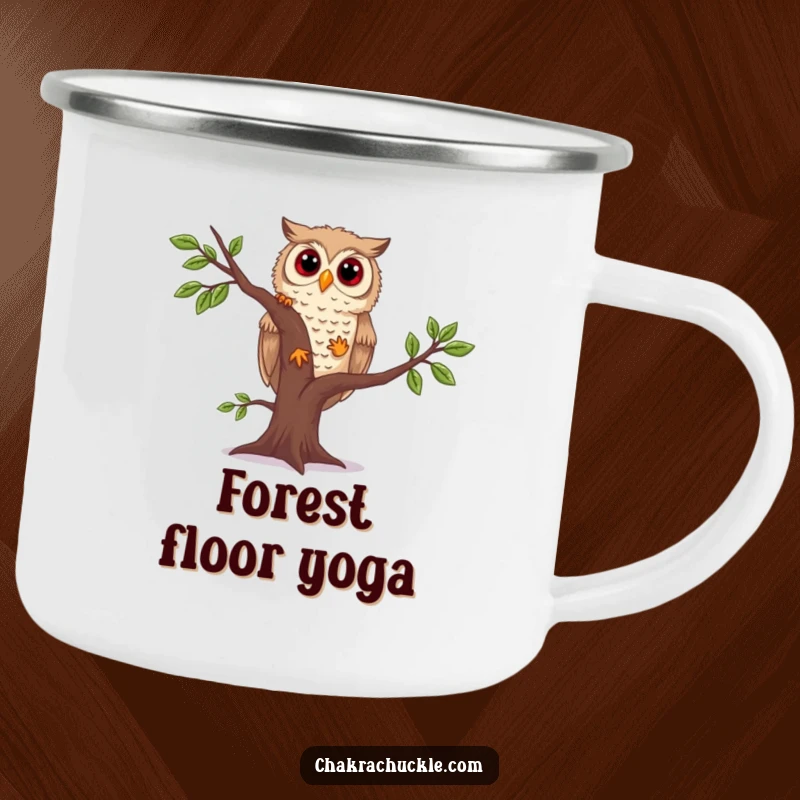 Funny owl yoga camping mug featuring a curious owl in a wobbly tree pose, perfect for hot or cold drinks outdoors.