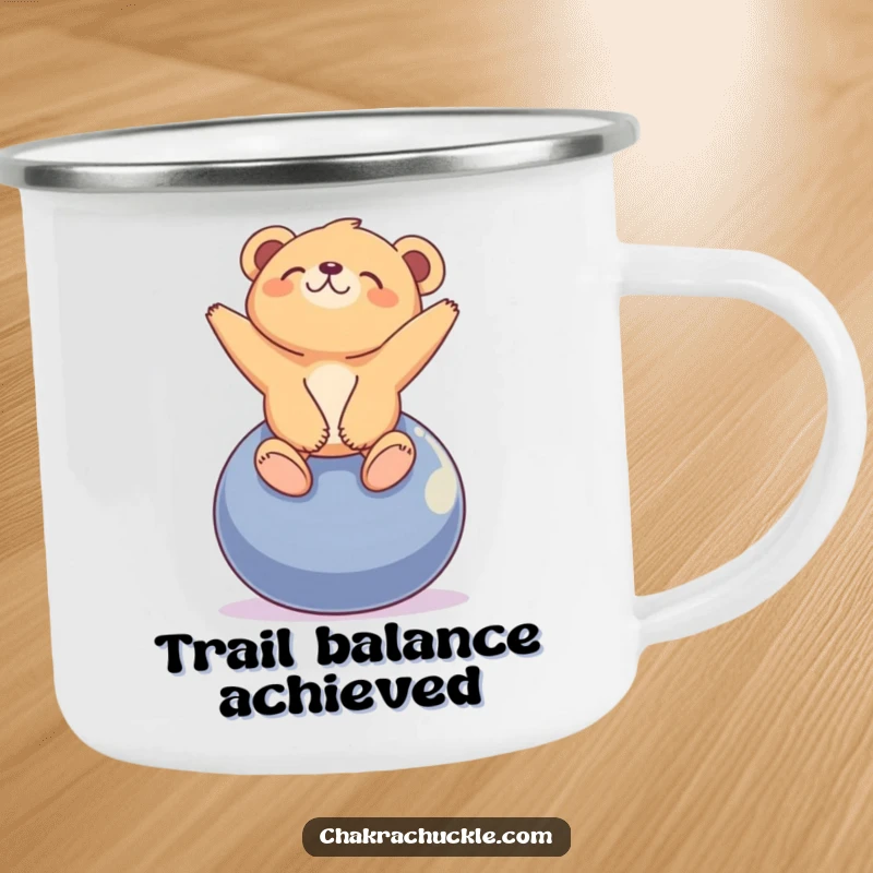 Funny tiny bear cub camping mug with a cub blissfully balancing on a yoga ball, looking peacefully upwards.