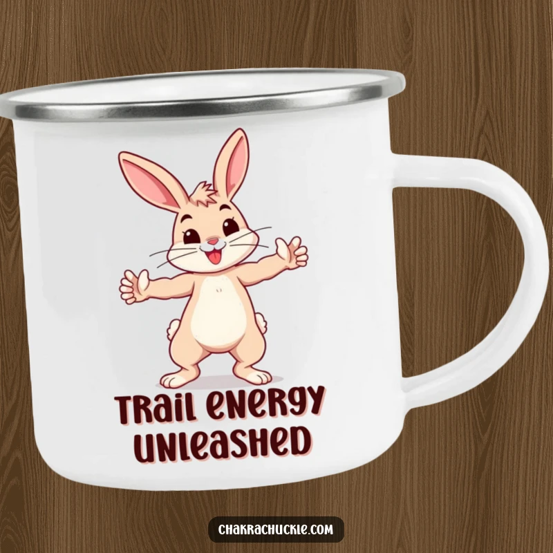 Funny bouncing bunny practicing a playful warrior pose, arms outstretched, on a rugged camping mug.