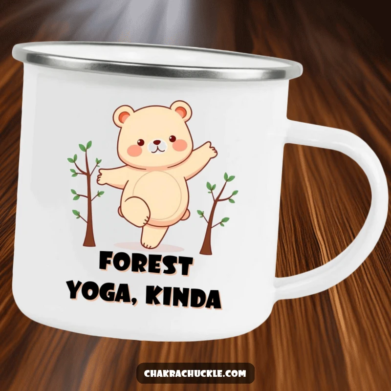 Funny camping mug showing a chubby bear humorously balancing on one leg, arms like branches, ready for outdoor adventures.