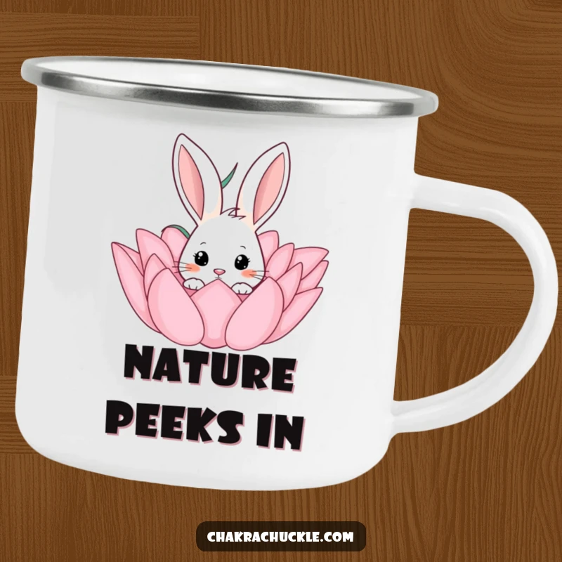 Funny camping mug with a curious rabbit peeking from a lotus flower, designed for durability and enjoyment outdoors.